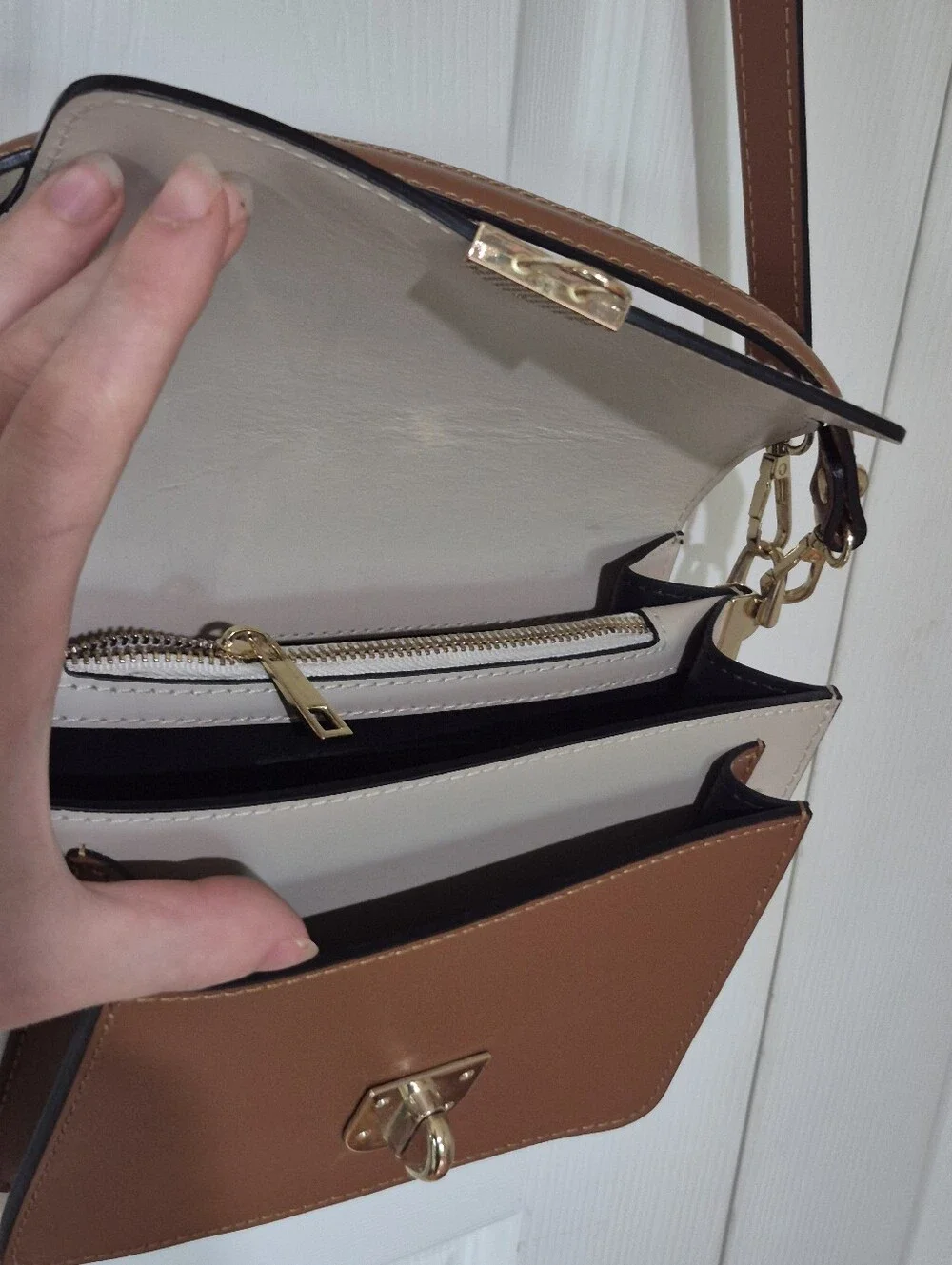 Isadora Italian Leather Satchel With Crossbody Stap Cream And Brown